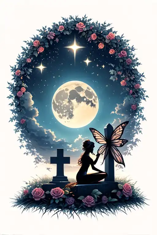 night sky with moon and stars rose tree with a grave site a fairy silhouette kneeling next to grave tattoo design idea