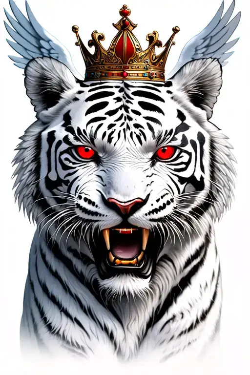 angry white tiger with red eyes with angel wings and a crown  tattoo design idea