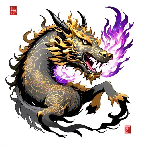 Chinese mythical tattoos on the back, Qilin beast melts gold scale armor all over, left hooves shatter the ice stele of "Renshen", right hooves ignite the fire red lotus, carrying the purple-light Pojun star map, laser shooting out of the horns to split the dark clouds tattoo design idea