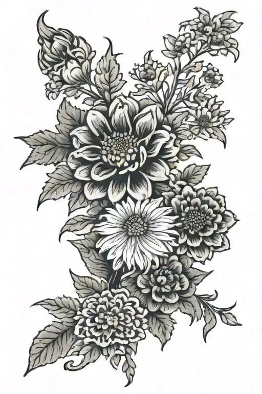 flower bouquiet with marigold, poppyy, chrysanthemum and aster flower tattoo design idea