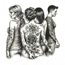 mother and two daughters and sons with their backs turned tattoo design idea