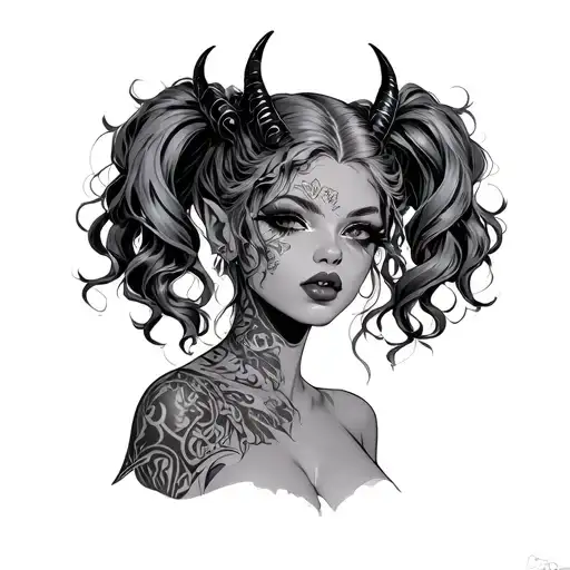 sexy demon girl with pig tails protruding tattoo design idea