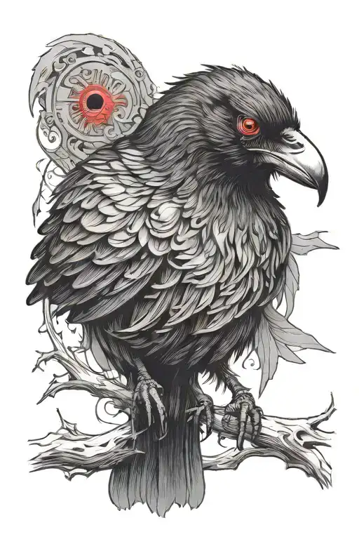 black crow with red eyes looking tattoo design idea
