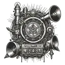 An intricate tattoo design incorporating elements of secret societies and hidden messages, with a background of old microphones and vintage recording equipment to symbolize your passion for podcasting. tattoo design idea