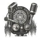 An intricate tattoo design incorporating elements of secret societies and hidden messages, with a background of old microphones and vintage recording equipment to symbolize your passion for podcasting. tattoo design idea