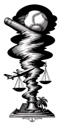 tornado sucking up scales of justice, baseball bat, baseball, passport, airplane, and palm tree. tattoo design idea