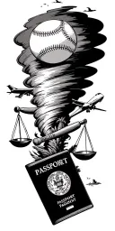 tornado sucking up scales of justice, baseball bat, baseball, passport, airplane, and palm tree. tattoo design idea