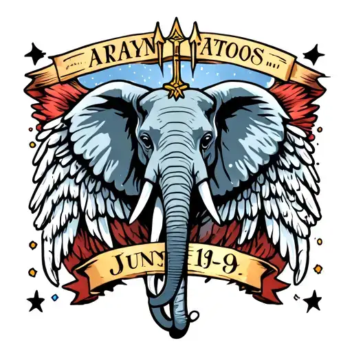 Trident + Elephant + Angel Wings + Name: Aryan, + Date: June 1-9 tattoo design idea