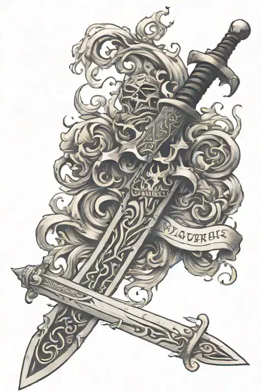 sword etched with "slayer of inner demons" words tattoo design idea