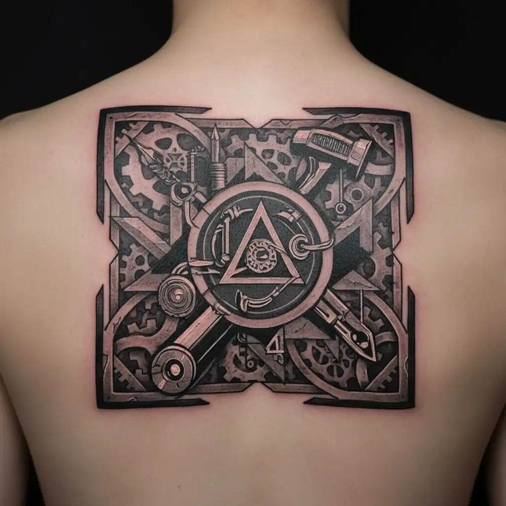 A stylized representation of an electrician's tools in a geometric style, with a hidden Illuminati symbol incorporated into the design tattoo design idea