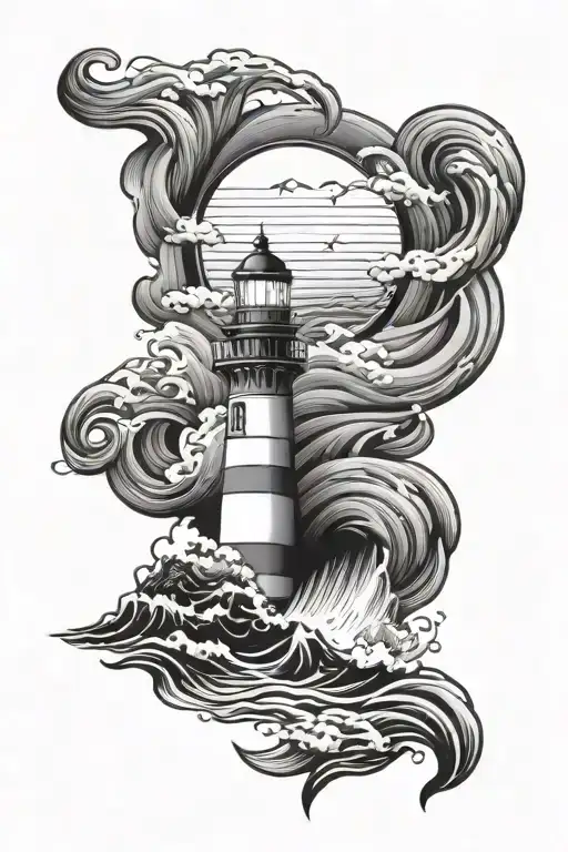 lighthouse with waves crashing and a banner across the bottom  tattoo design idea