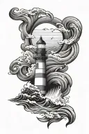 lighthouse with waves crashing and a banner across the bottom  tattoo design idea