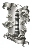 lighthouse with waves crashing and a banner across the bottom  tattoo design idea