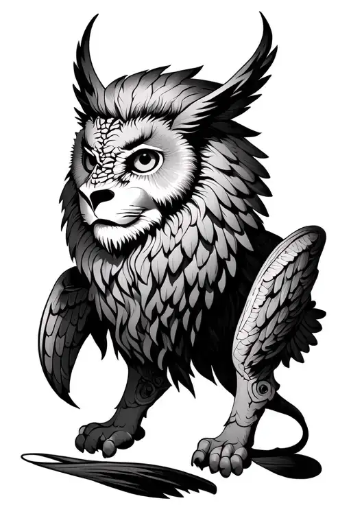 chimera with lion head, owl wings tattoo design idea
