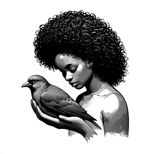 black woman head down holding bird with curly Afro healing from past divorce and pain new life with love in her hair tattoo design idea