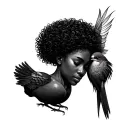 black woman head down holding bird with curly Afro healing from past divorce and pain new life with love in her hair tattoo design idea
