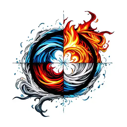 - A circle containing the four elements: water (blue waves), fire (red and orange flames), air (white flowing lines),  tattoo design idea