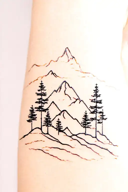 trees and mountains rising Phoenix tattoo design idea