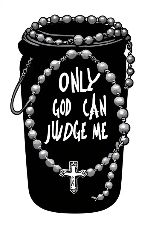 quote that says "only god can judge me" with a rosary going around it. tattoo design idea