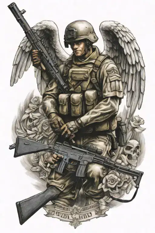 Soldier angel holding rifle crossed tattoo design idea