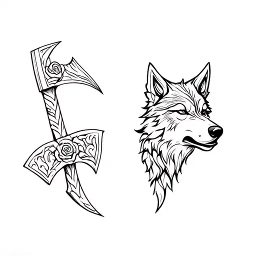 Viking style rose axe and wolf's head tattoo design idea