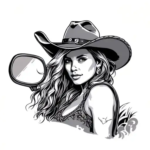 cowgirl looking in rear view truck mirror reflection tattoo design idea