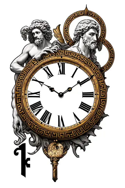 Greek key in clock with Zeus under for forearm tattoo design idea