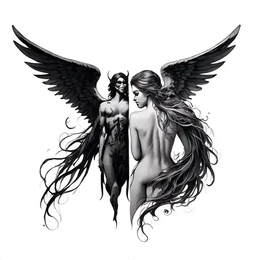 On the back is two wings left angel, right demon tattoo design idea