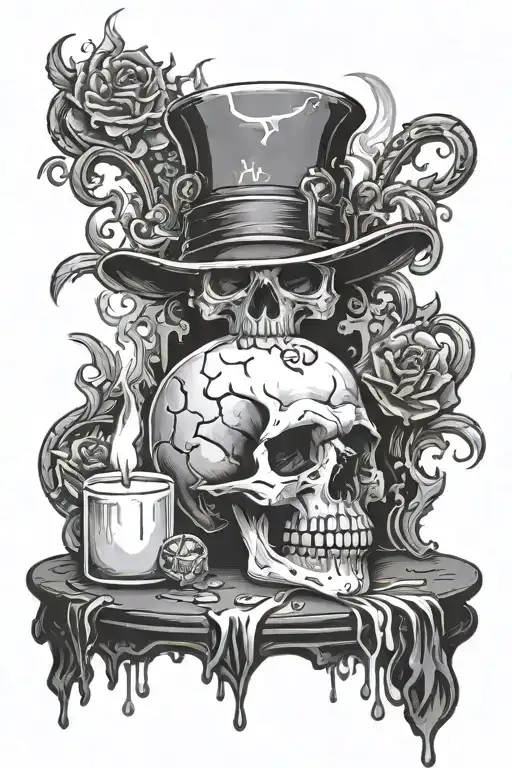 Skull on an alchemy table and on the skylls top stansa a burning candle that is melting down the sides of the skull tattoo design idea
