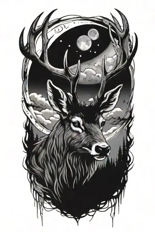 thick stag head with large antlers, moon surrounded tattoo design idea