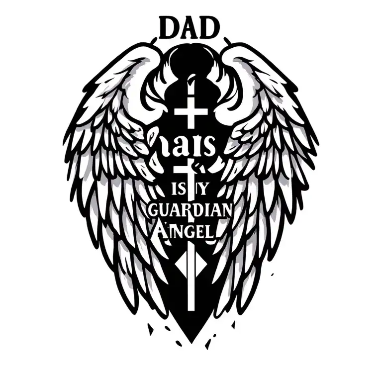 angel wings with cross with phrase "dad is my guardian angel tattoo design idea