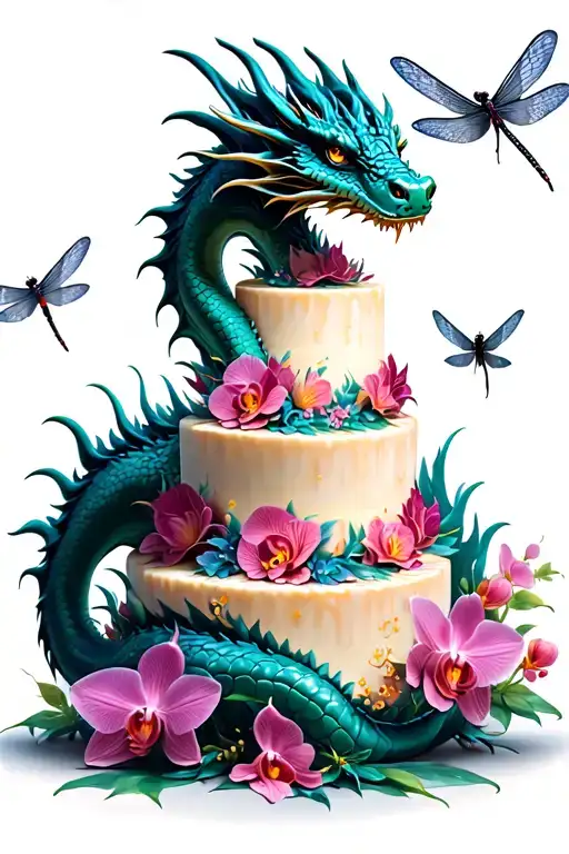 A dragon wrapped around a towering cake, with orchids and dragonflies flying around it tattoo design idea