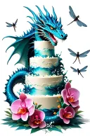 A dragon wrapped around a towering cake, with orchids and dragonflies flying around it tattoo design idea