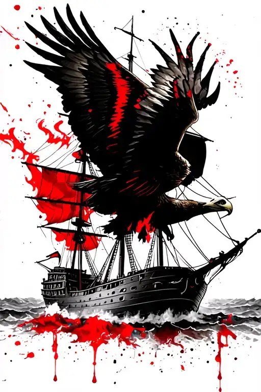 flying eagle over an old pirate ship on fire tattoo design idea