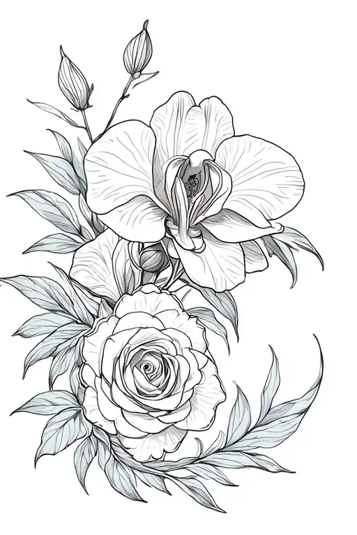 Orchid, rose, zodiac sign twin and lion, lily, fine line tattoo design idea