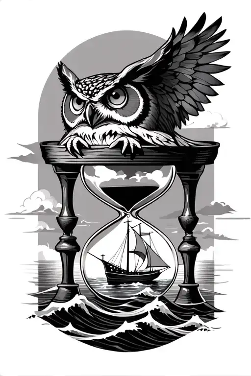 an owl head over an hourglass Besides a sail boat on Waves  tattoo design idea