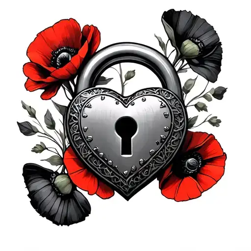 tinman heart shaped lock steampunk style with poppies tattoo design idea