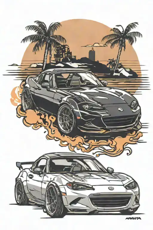 Black with  agressive wide body 2020 miata drifting with a sunset in background retro. Add underglow, low rider pinstrip tattoo design idea