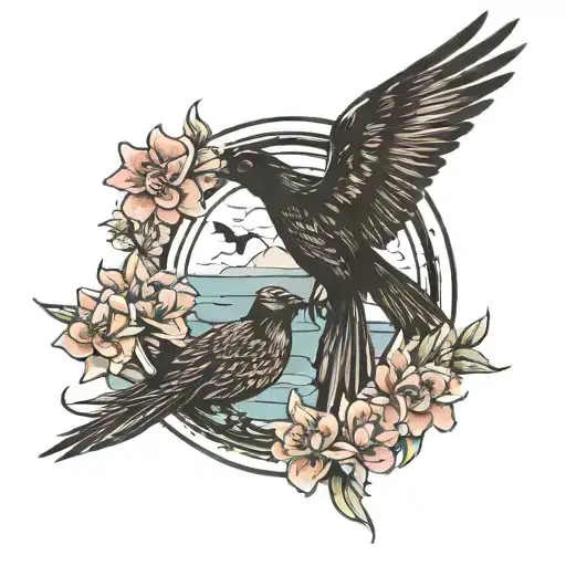 Mauritius island and black birds flying tattoo design idea
