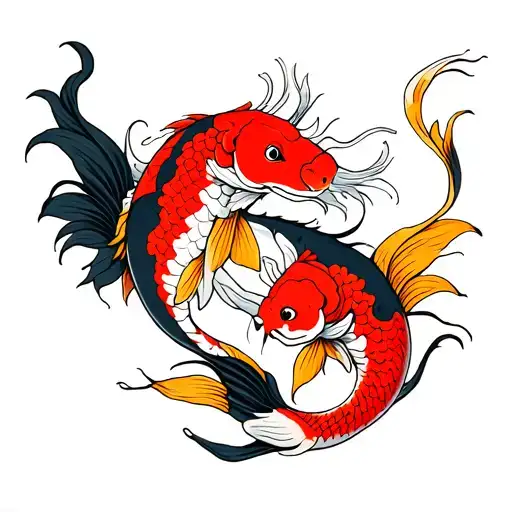 Tattoo from the shoulder to the wrist. Sleeve. Two koi carps. One has a dragon's head, it is red, with black = yellow Czech tattoo design idea