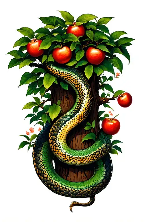a snake is coiled around the trunk of the garden of eden tree with apples tattoo design idea