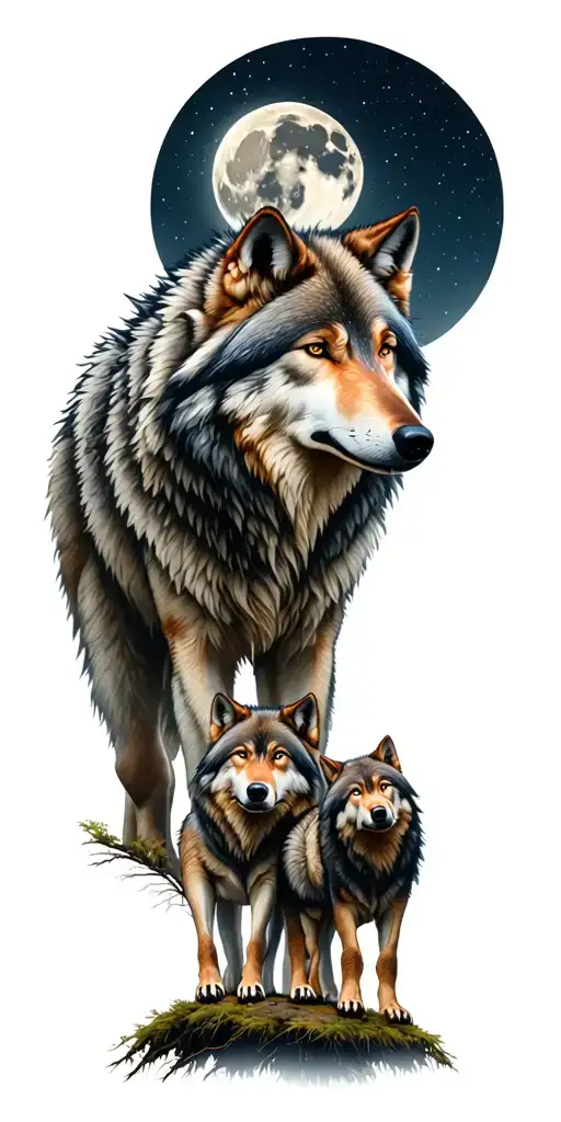 wolf father mother and two kids on a hill under the moon in forest  tattoo design idea