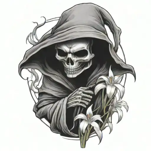 A photorealistic small cute grim reaper looking at and holding a tiny spider lily tattoo design idea