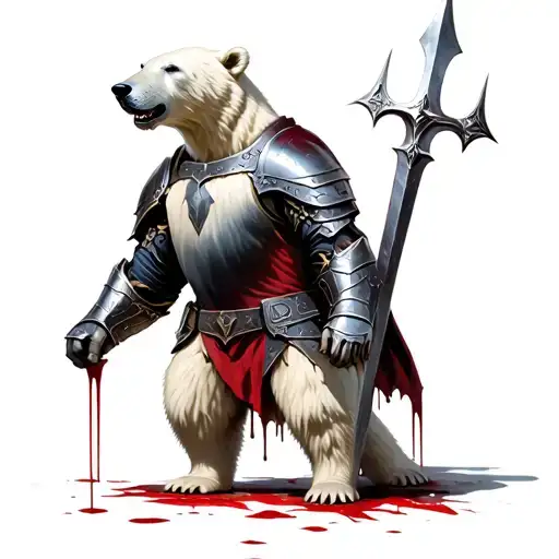 white polar bear standing on hind legs in full metal armor with no helmet weilding excalibur while blood drips down off tattoo design idea