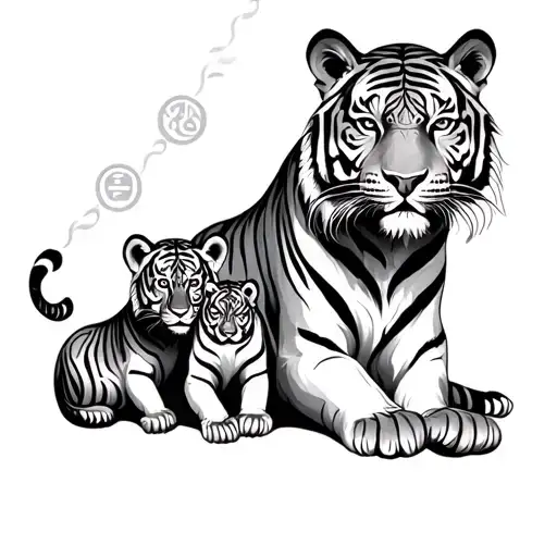 tiger and 2 cubs with Buddhist symbols incorporated tattoo design idea