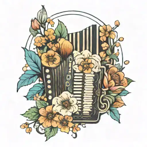A retro 70's inspired floral design incorporating an accordion and ocean elements tattoo design idea