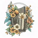 A retro 70's inspired floral design incorporating an accordion and ocean elements tattoo design idea