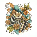 A retro 70's inspired floral design incorporating an accordion and ocean elements tattoo design idea