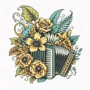 A retro 70's inspired floral design incorporating an accordion and ocean elements tattoo design idea