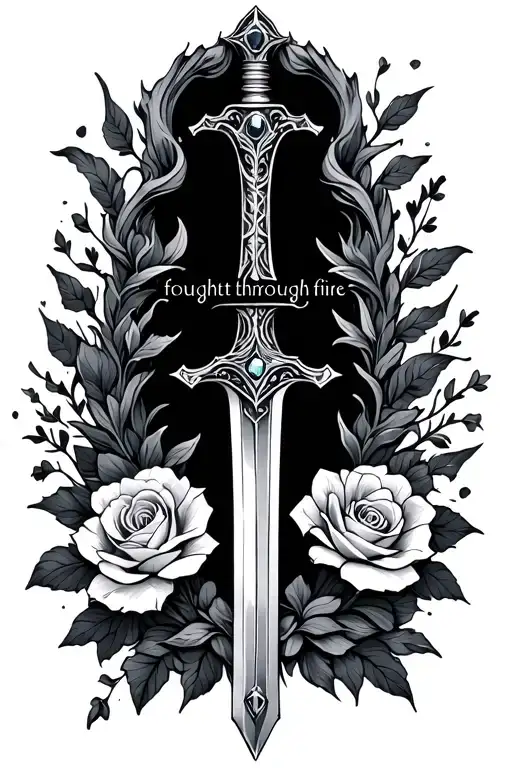 Feminine sword with words in the middle that say fought through the fire. Include flowers, maybe a rose gem in the handl tattoo design idea